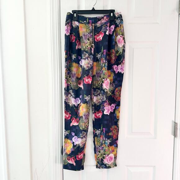 Matthew Williamson Blue Purple Pink Floral Silk Print Rose Gold Zipper Pants 6 - Picture 2 of 12